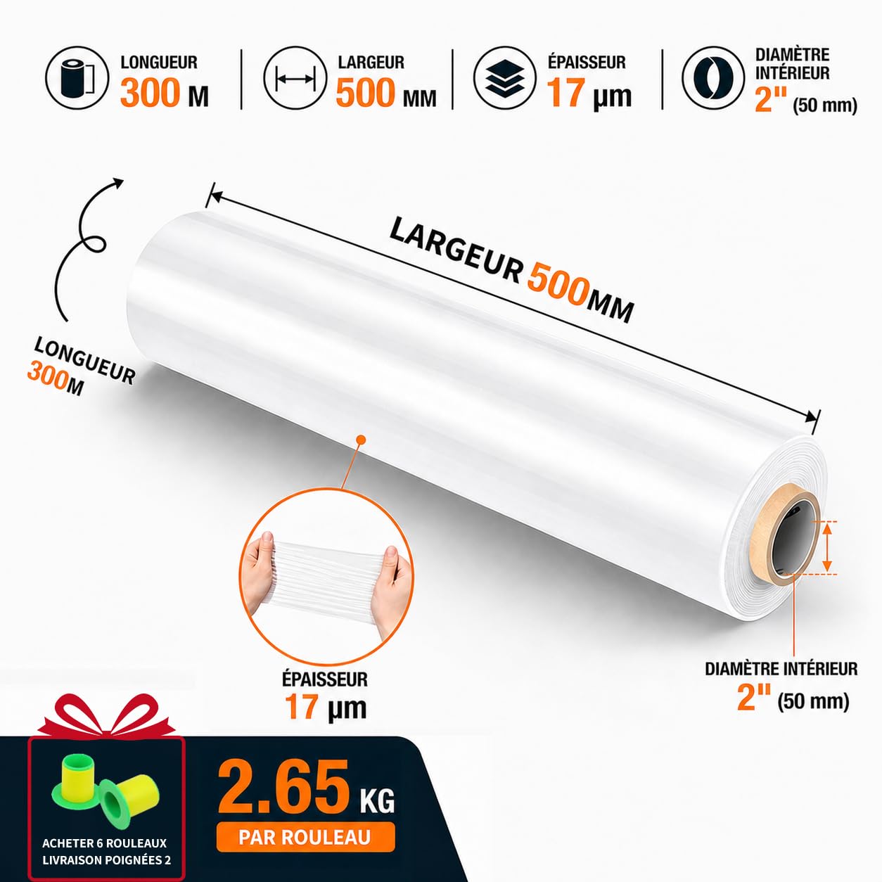 Lot de 6 Films Étirables Blancs 50 cm x 300 m, 17 Microns, 2,65 kg – Film Palette Résistant pour Emballage, Stockage et Protection des Marchandises
