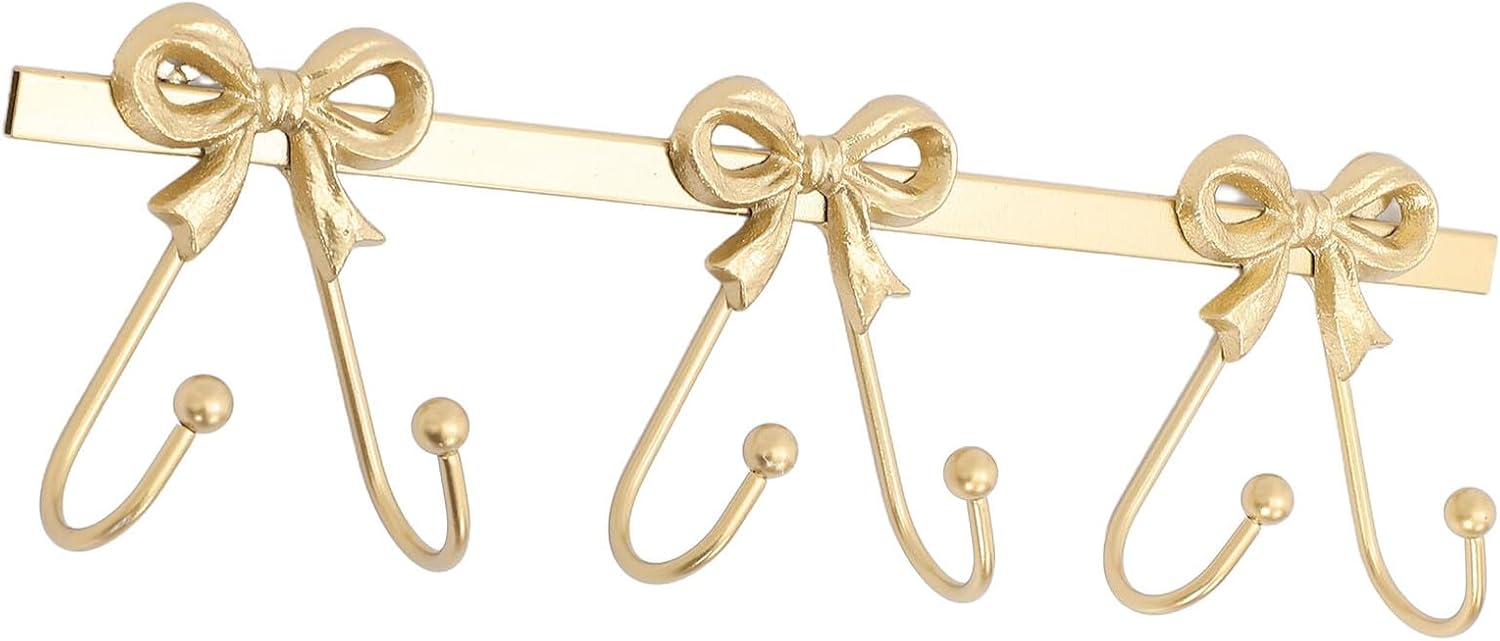 Ipetboom Gold Metal Bowknot Wall Hook Rack for Towels Robes and Coats, Space-Saving Iron Bathroom Towel Holder with Rustic Decorative Bow Design for Entryway and Mudroom