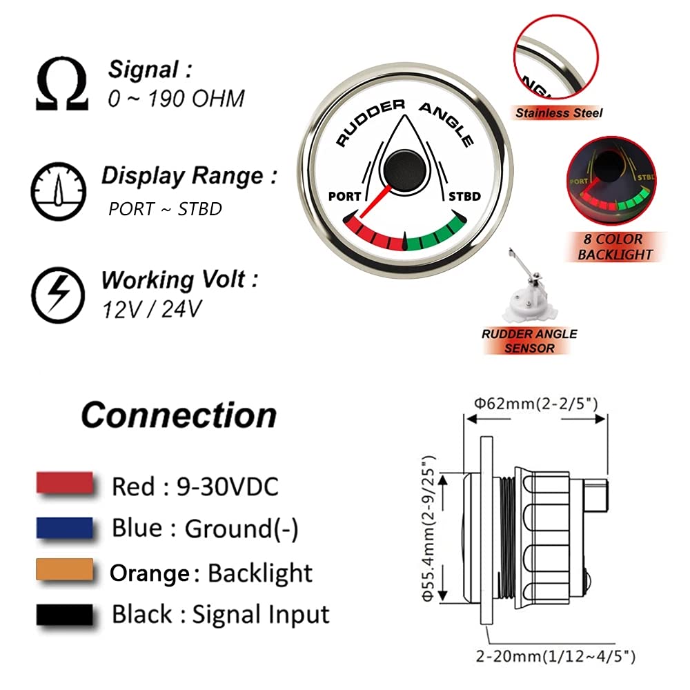 KUS Roer Hoek Indicator Gauge 0-190ohm Signaal Met Roer Sensor 52mm (2) 12V /24V