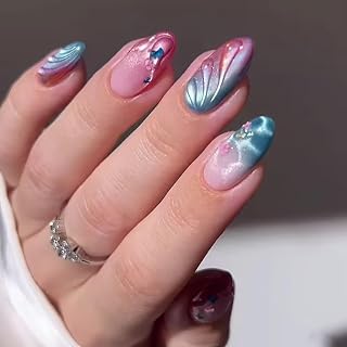 Press on Nails Almond Shaped Medium Length Artificial Acrylic Gradient French 3D Ripple Blue Cat's Eye with Floral Design Glossy Stick on Nails Full Cover Reusable Coffin False Nail for Women 24Pcs