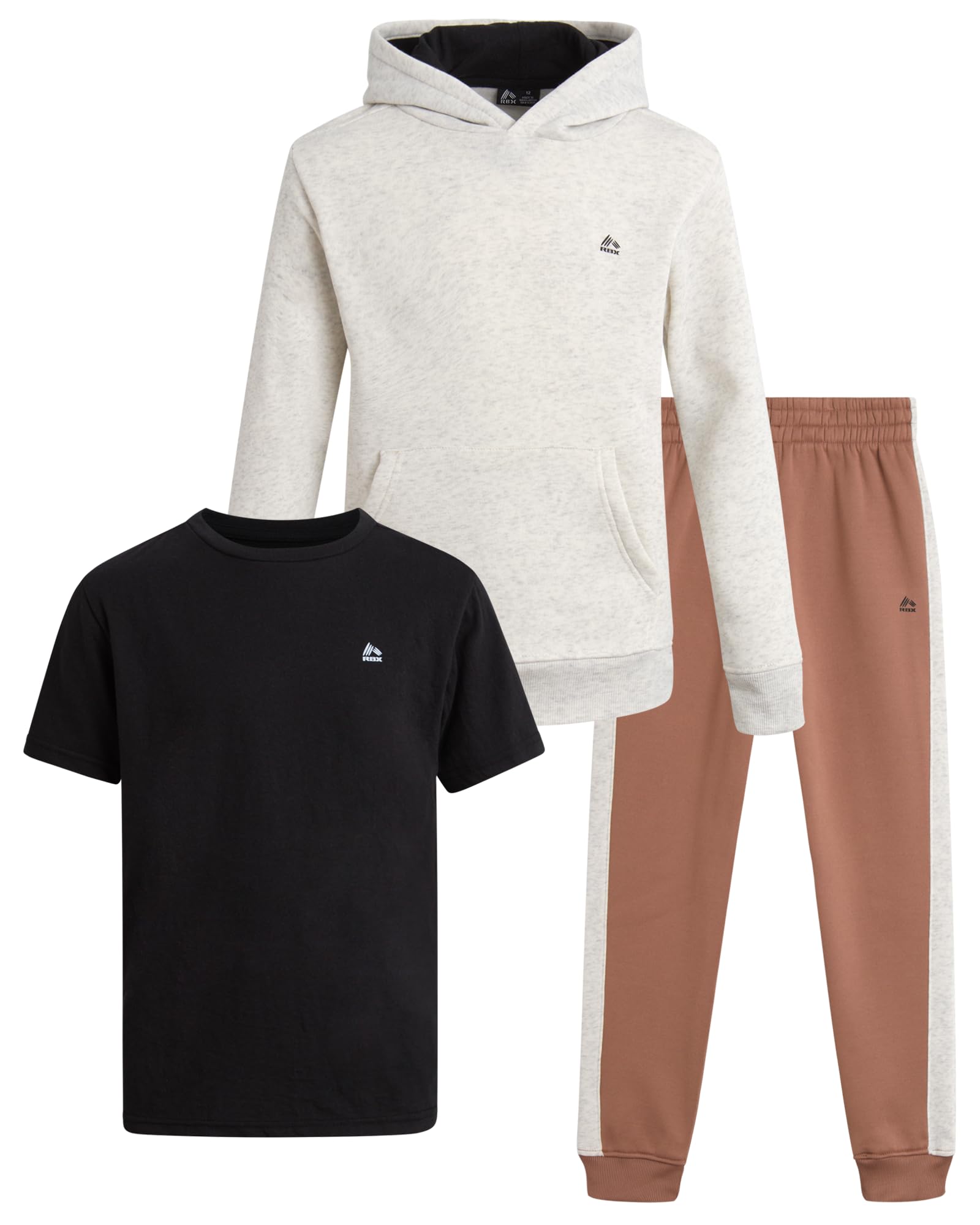 RBX Conjunto deportivo de 3 piezas de forro polar activo, sudadera con capucha y camiseta para niños, atuendo atlético (tallas 2T-12)