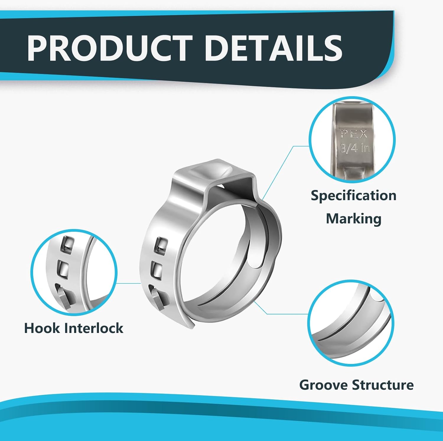 200PCs 3/4 Inch PEX Cinch Clamp Rings, 304 Stainless Steel Crimp Rings for Single Ear Hose Clamps, Pipe Fitting Connections(CLAMP010-200Pack)