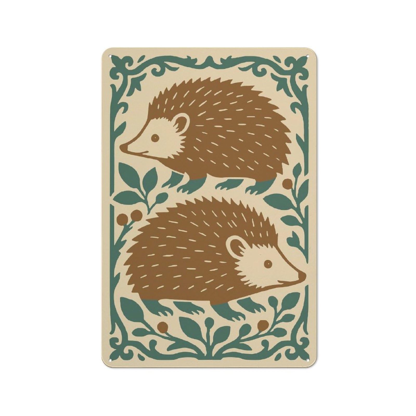 Junmoney Style-8 Classic Vintage Metal Sign 30X20cm Featuring Two Hedgehogs With Floral Border Illustration, Home Bar Decor For Cafe, Pub, Workshop Or Home Bar