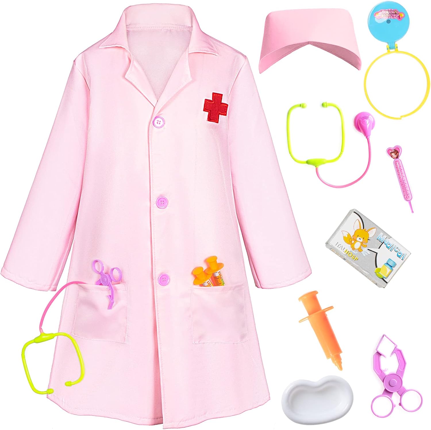 Doctor Nurse Costume for Kids with hat Accessories Set Birthday Party