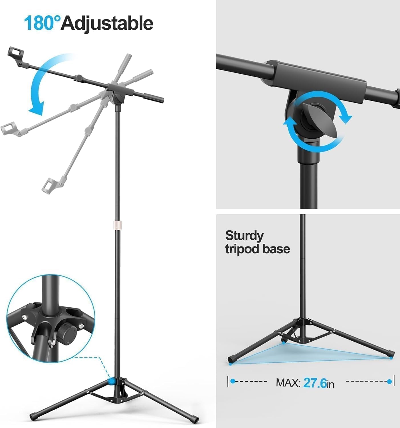 Microphone Stand, 2 Pack Tripod Boom Arm Floor Mic Stand Heavy Duty Height Adjustable with Carrying Bag 2 Mic Clips 3/8" to 5/8" Adapter for Singing Podcast and Stage