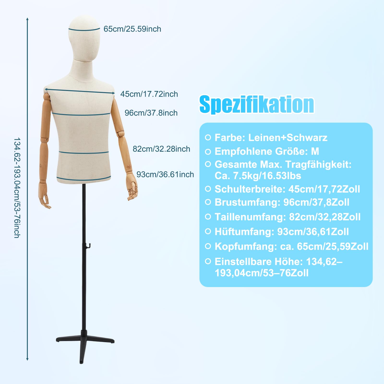 Expositor masculino, 135-193 cm de altura, soporte de metal, forma de torso para hombre, figura de busto, maniquí, forma ajustable para tiendas de ropa (negro, 135-193 cm)