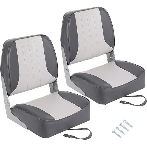 Low Back Folding Boat Seats 2 Pack, Waterproof Marine Captain Chairs with Thick Cushion for Fishing Bass Jon Pontoon Boats SpeedboatsSightseeing, White and Gray Durable PVC Leather
