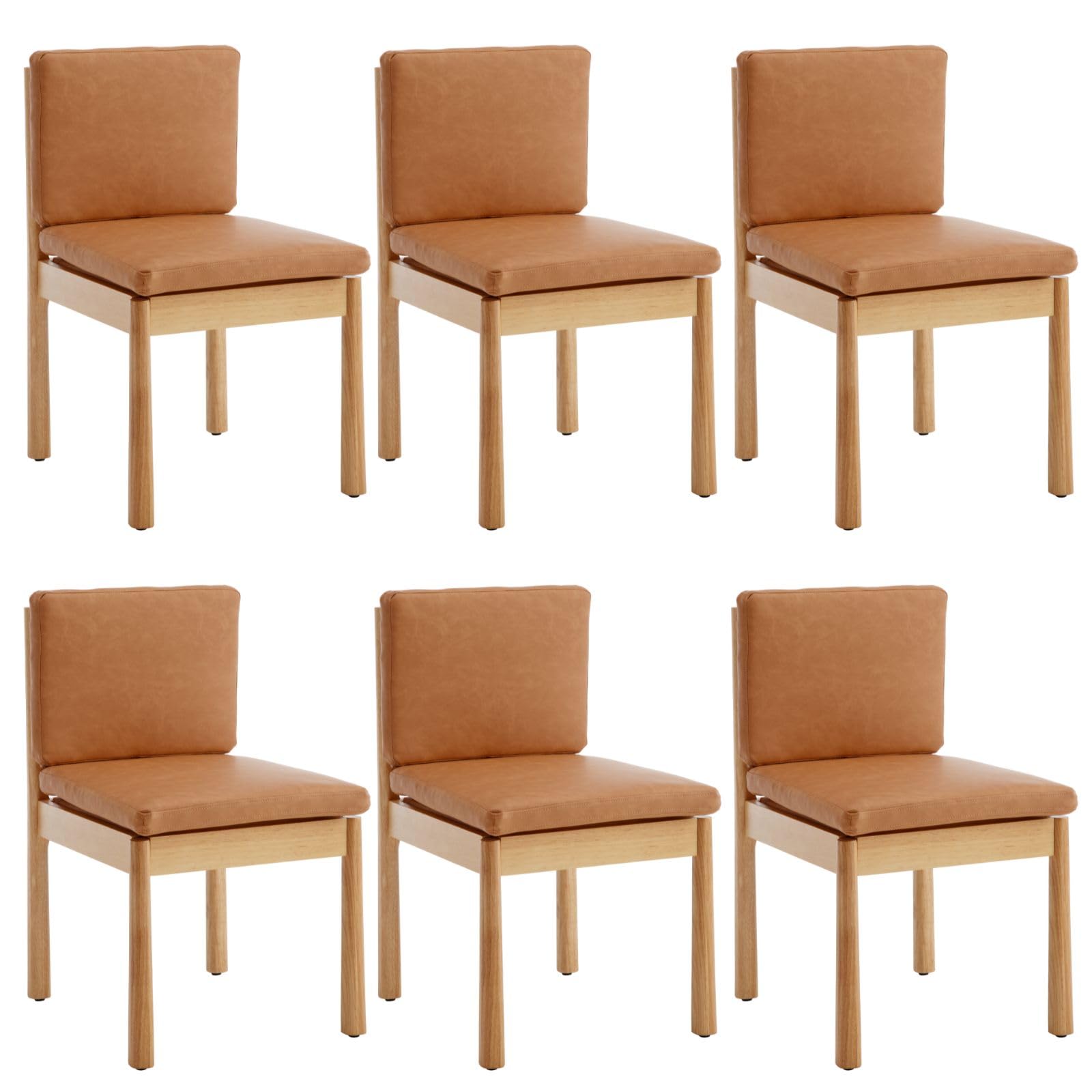 ROCITY Brown Dining Chairs Set of 6 Faux Leather Upholstered Dining Room Chairs Natural Wooden Kitchen Chairs Rustic Side Chairs