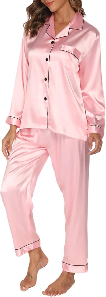 GAESHOW Silk Pajamas for Women Button up PJ Set Long Sleeve Ladies Satin Pajamas 2 Piece Sets Loungewear Lounge Nightwear