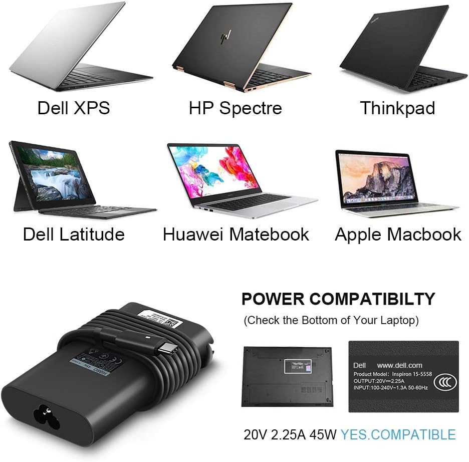 Blасk Frіdау - 70% оƒƒ USB-C Laptop Charger 45W for Dell Adapter: Dell XPS 13 9360 9365 9370 9333 9380 Inspiron 14 7437 Latitude 7390 2in1 7275 7370 5175 5285 5290-2in1,LA45NM150,04RYWW,0HDCY5 with Type c (USB-C/USBC) Tip
