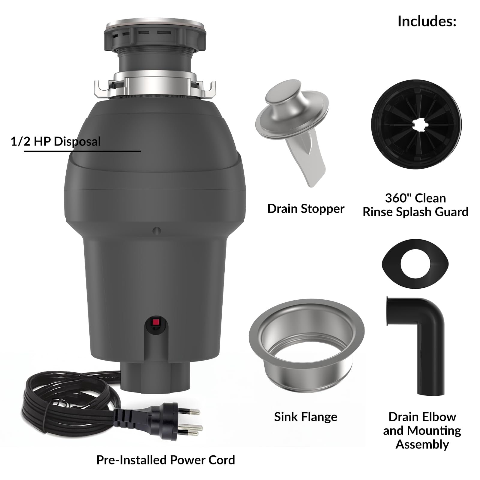 Triturador de basura de alimentación continua de 1/2 HP con interruptor de aire, motor ultra silencioso y sello de fregadero FLG, molinillo compacto de acero inoxidable para fregadero de cocina