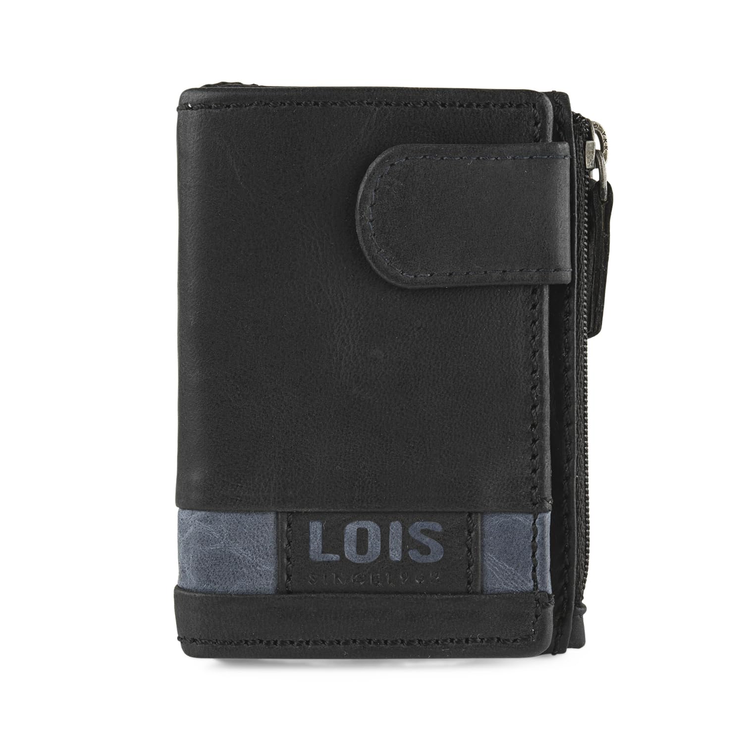Lois Cartera de Piel Hombre con Monedero Exterior y Tarjetero, Protección RFID, Negro-Azul