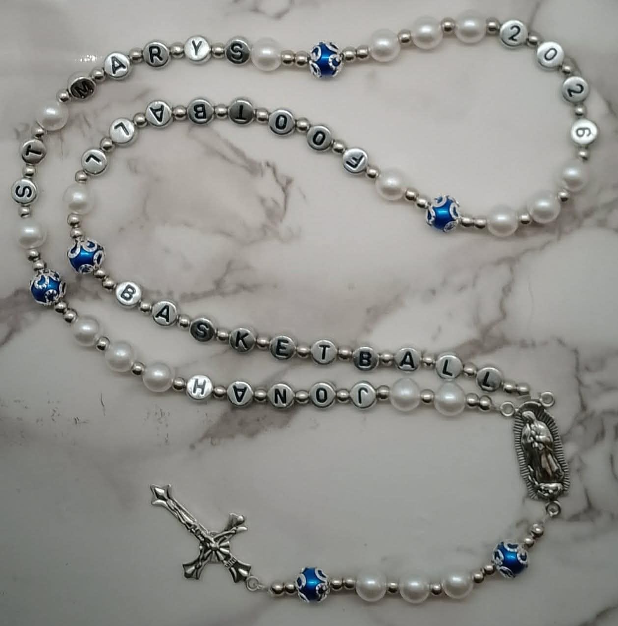 Personalized with Name Rosary Beads Crucifix * Prayer Meditation Beads * Jesus * Baptism * Christening * Communion * White beads with the accent color of your choice