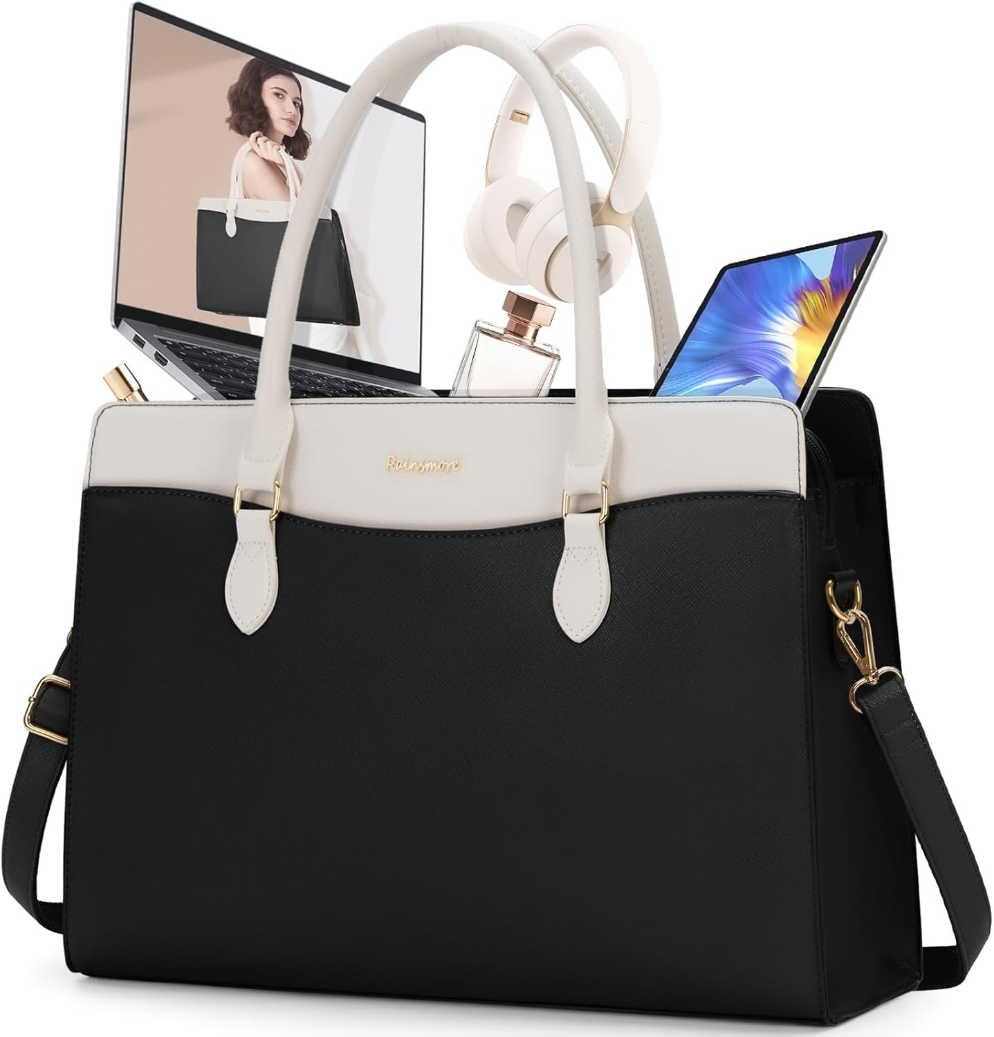 RAINSMORE Laptop Bag for Women 15.6 Inch Waterproof PU Leather Work Tote Bags Large Laptop Purse for Women Professional Womens Briefcase Computer Bags for Business Office Teacher, Black & White