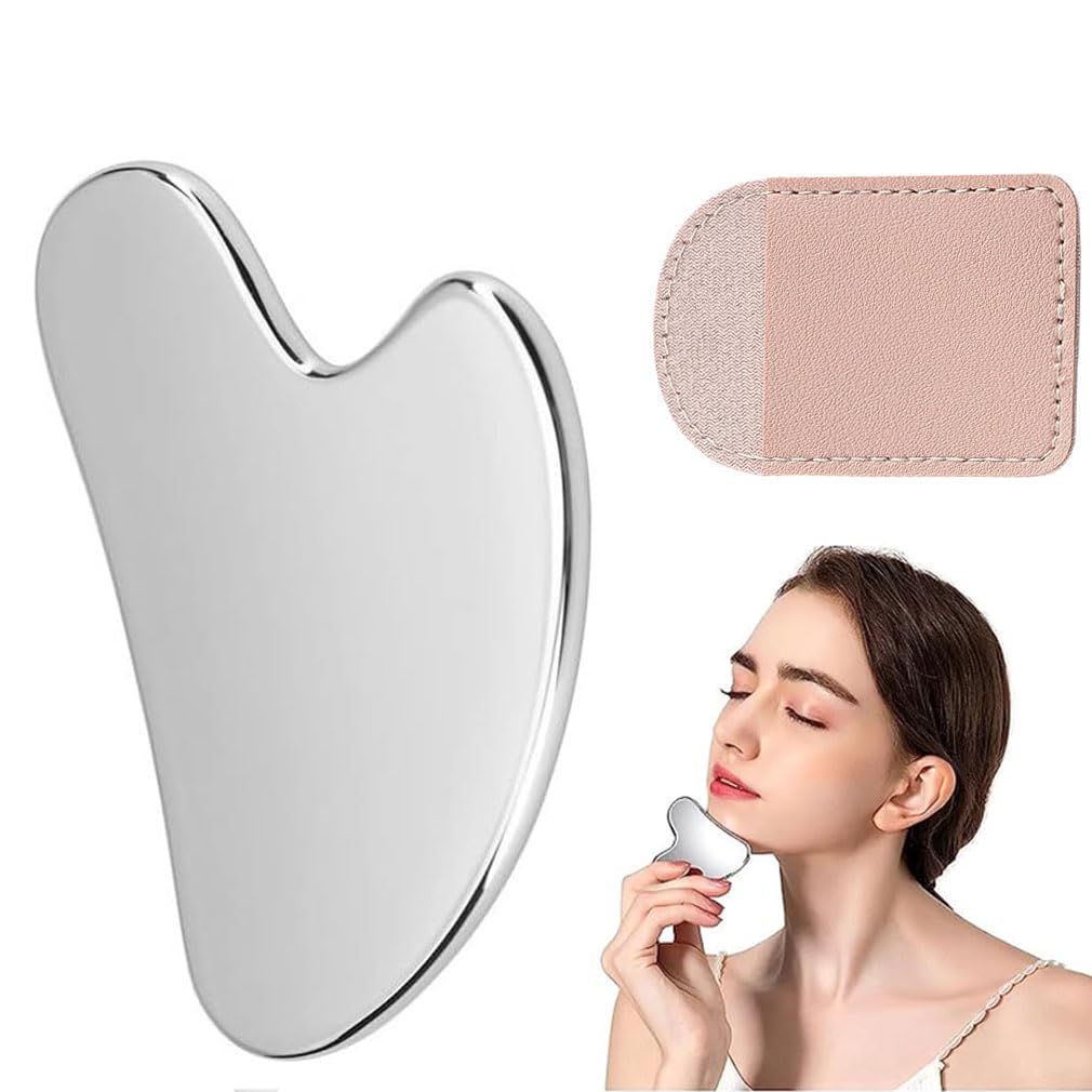 Muiltvoe Gua Sha Facial Tools, Stainless Steel Guasha Massage Sticks for Jawline Sculpting, Face Eyes Body Neck Massage Tool, Tighten Face Skin and Reduce Wrinkles, Skin Care Gift - (Silver)