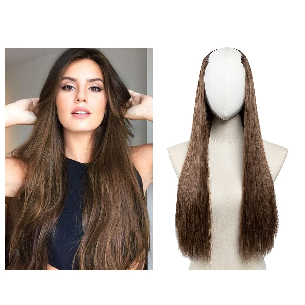 U Part Wig Full Head Light Brown Hair Extensions Clip in Long 24 Inch Straight Synthetic Hair Pieces for Women SARLA