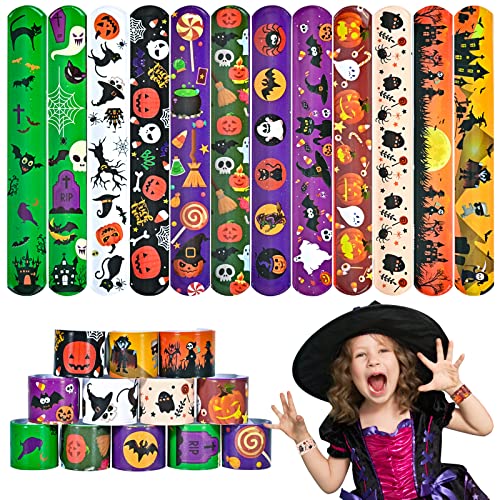 48pcs Halloween Slap Bracelets,Assorted Snap Bracelet Pumpkin Witch Wristbands for Kids Trick or Treat Halloween Party Favors Supply