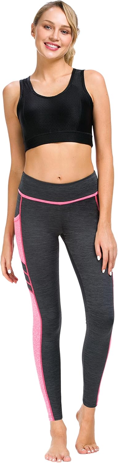 Sugar Pocket Women's High Waist Yoga Leggings Tummy Control Workout Running Pants with Side Pockets M(Light Grey/Pink)