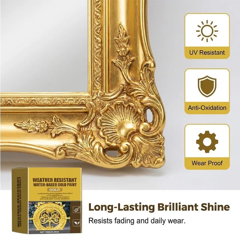 Weather Resistant Gold Paint – Water‑Based, Brilliant Shine. Safe for Metal, Wood & Stone. Lasts Rain or Shine! Easy Application, No Sanding, Fast-Drying, Water-Based Multi-Surface (1PC)