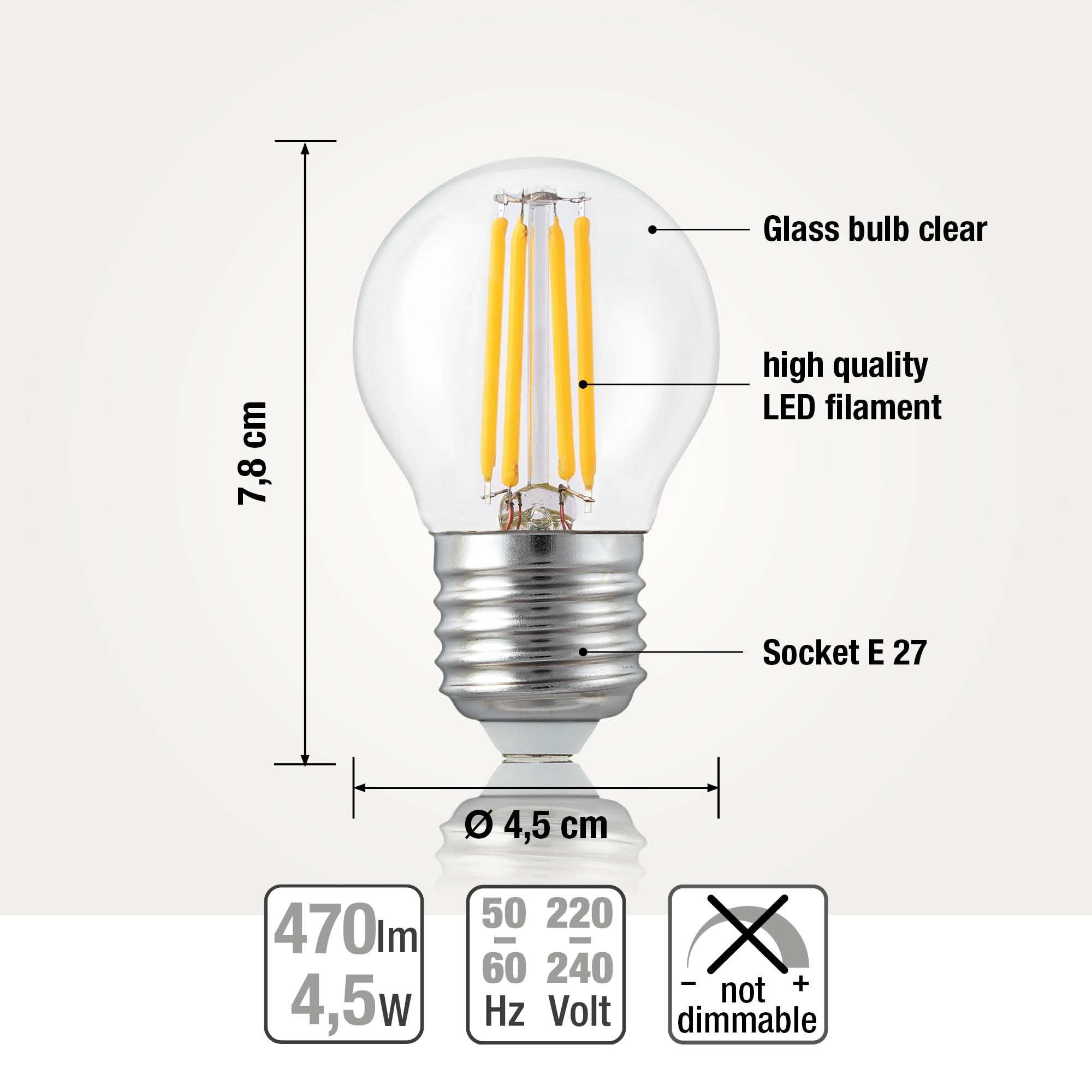 Hellum e27 Lampadina a goccia LED, lampadina e27 4,5 W, LED trasparente, 470 lumen bianco caldo, set da 10 mini lampade, bianco caldo, mini bulbo, 220445