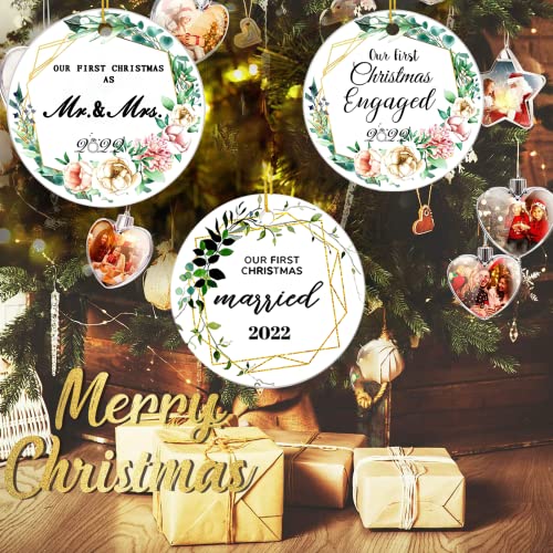 2022 First Christmas Engaged Ornament, Bridal Shower Gift, Married Ornaments Gift, Wedding Gift For Couple, Christmas Tree Ornaments Hanging Accessories, 3" Double-Sided Ceramic Ornament #TOP2