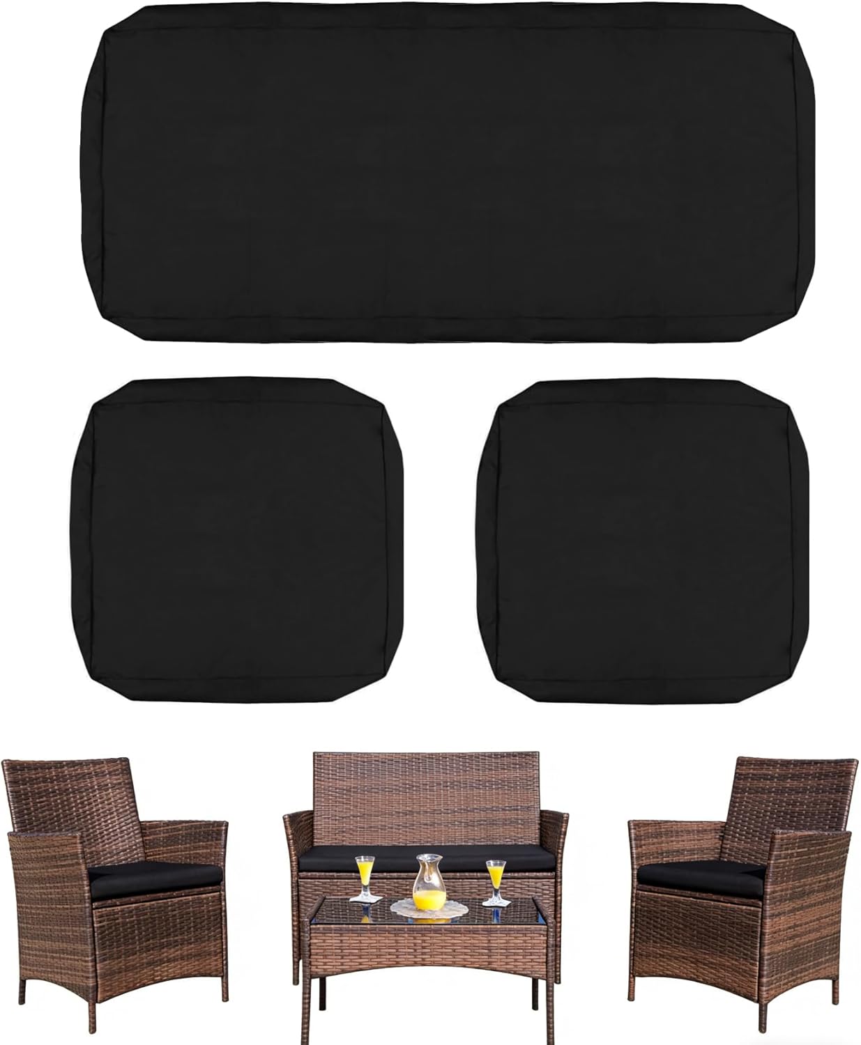 Oslimea 3 Pack Outdoor Patio Seat Cushions Replacement Covers, Stretch Patio Furniture Sofa Couch Slipcovers Fit for 4-Seater Wicker Rattan Conversation Set Loveseat Chair, 36x18x2, 18x18x2, Black