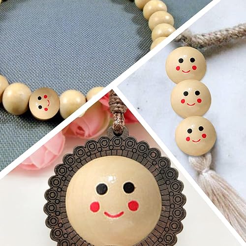Miniatura 6 de YILUXIANGYANG 40 cuentas de madera con cara sonriente, bolas redondas de madera, espaciador, cuentas de madera impresas para manualidades,