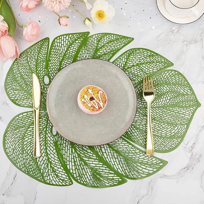 Leaf Shaped Placemats, 4 Pack PVC Placemats Hollow Dining Table Place Mats Heat Resistant Non-Slip Dining Placemats Table Mats Decorative Placemats (Green-1)