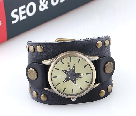 Men's Retro Punk Bracelet Watch, Trendy Rivet Wide Leather Men's Watch, Personalized Five-Pointed Star Dial Men's Hip-hop Rock Watch