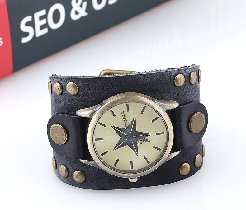 Men's Retro Punk Bracelet Watch, Trendy Rivet Wide Leather Men's Watch, Personalized Five-Pointed Star Dial Men's Hip-hop Rock Watch