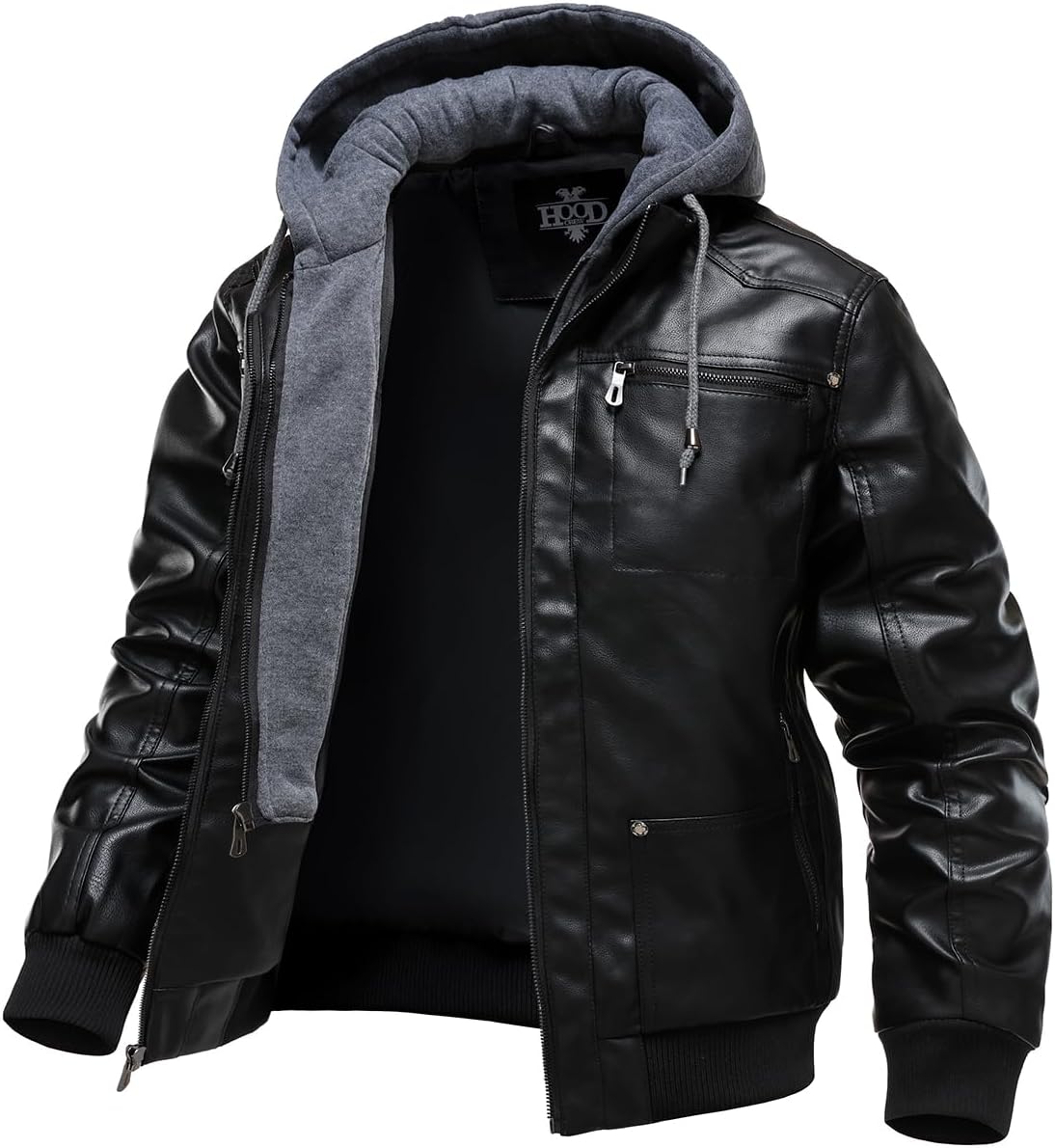 HOOD CREW Men's Faux Leather Jackets Vintage Motorcycle Bomber