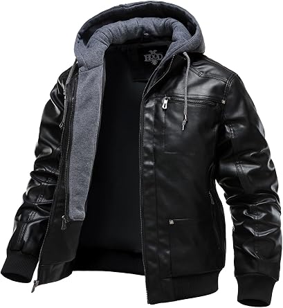 HOOD CREW Mens Faux Leather Jackets Vintage Motorcycle Bomber jacket with Removable Hood