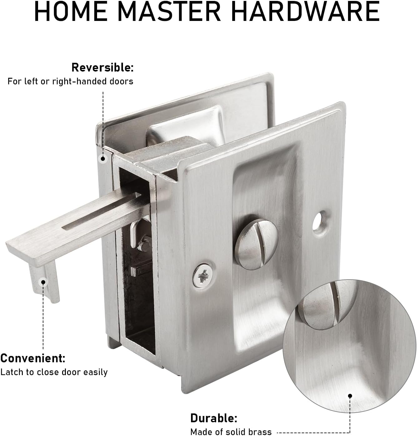 HOME MASTER HARDWARE Privacy Pocket Door Lock Hardware with Pull Replace Old Sliding Door Locks/Solid Brass Pocket Door Privacy Lock 2-3/4”x2-1/2”, for 1-3/8” Thickness Door, Brushed Nickel -1 Pack