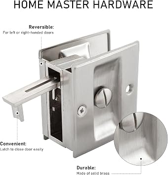 HOME MASTER HARDWARE Privacy Pocket Door Lock Hardware with Pull Replace Old Sliding Door Locks/Solid Brass Pocket Door Privacy Lock 2-3/4x2-1/2, for 1-3/8 Thickness Door, Brushed Nickel -1 Pack
