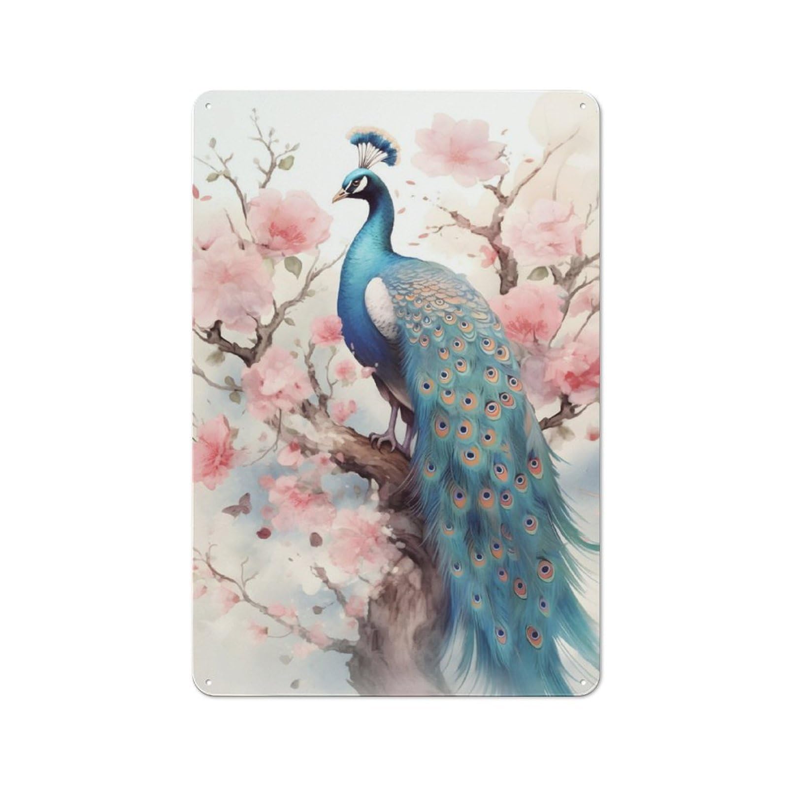 Junmoney Peacock Watercolor Tin Sign 30X20cm With For Workshop Wall, Vintage Decor, For Metal Sign Collectors, For Garage And Workshop Walls