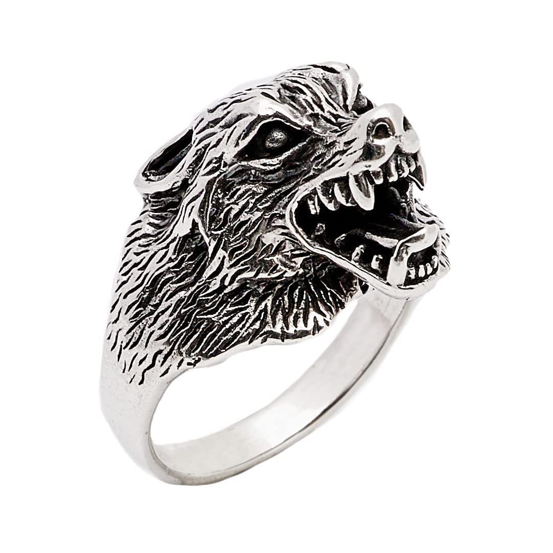 Treasure Bay Anillo de plata con diseño de lobo grueso para hombres de plata de ley 925 Fenrir Anillo de Viking nórdico