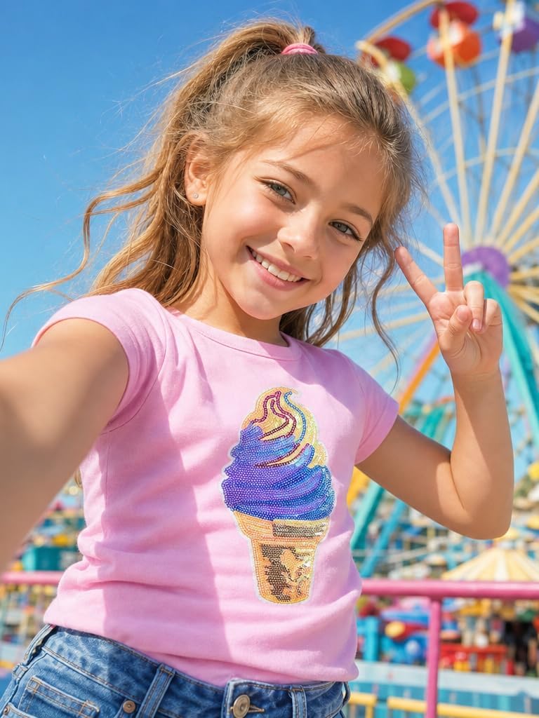 Fashion Toddler Girls Tshirt Sequined Ice Cream Heart Kids Short Sleeve Shirt Casual Summer Tops Tees 2-7t