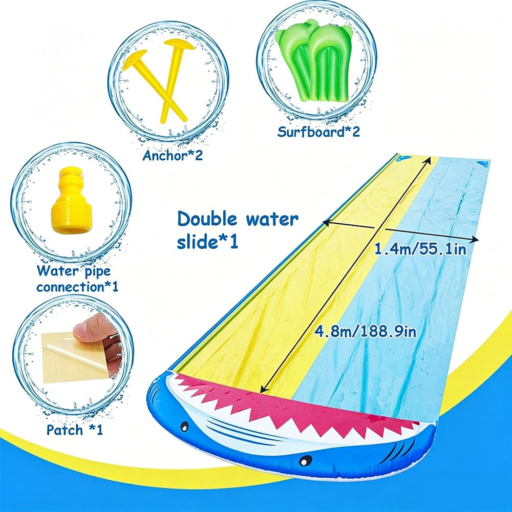 480 x 140 cm Wasserrutsche Garten für Kinder, Wasserrutsche Kinder Draußen, Wasserrutsche Aufblasbare mit 2 Bodyboards, Wasserspielzeug mit Eingebautem Sprinkler für Kinder, Erwachsene, Outdoor