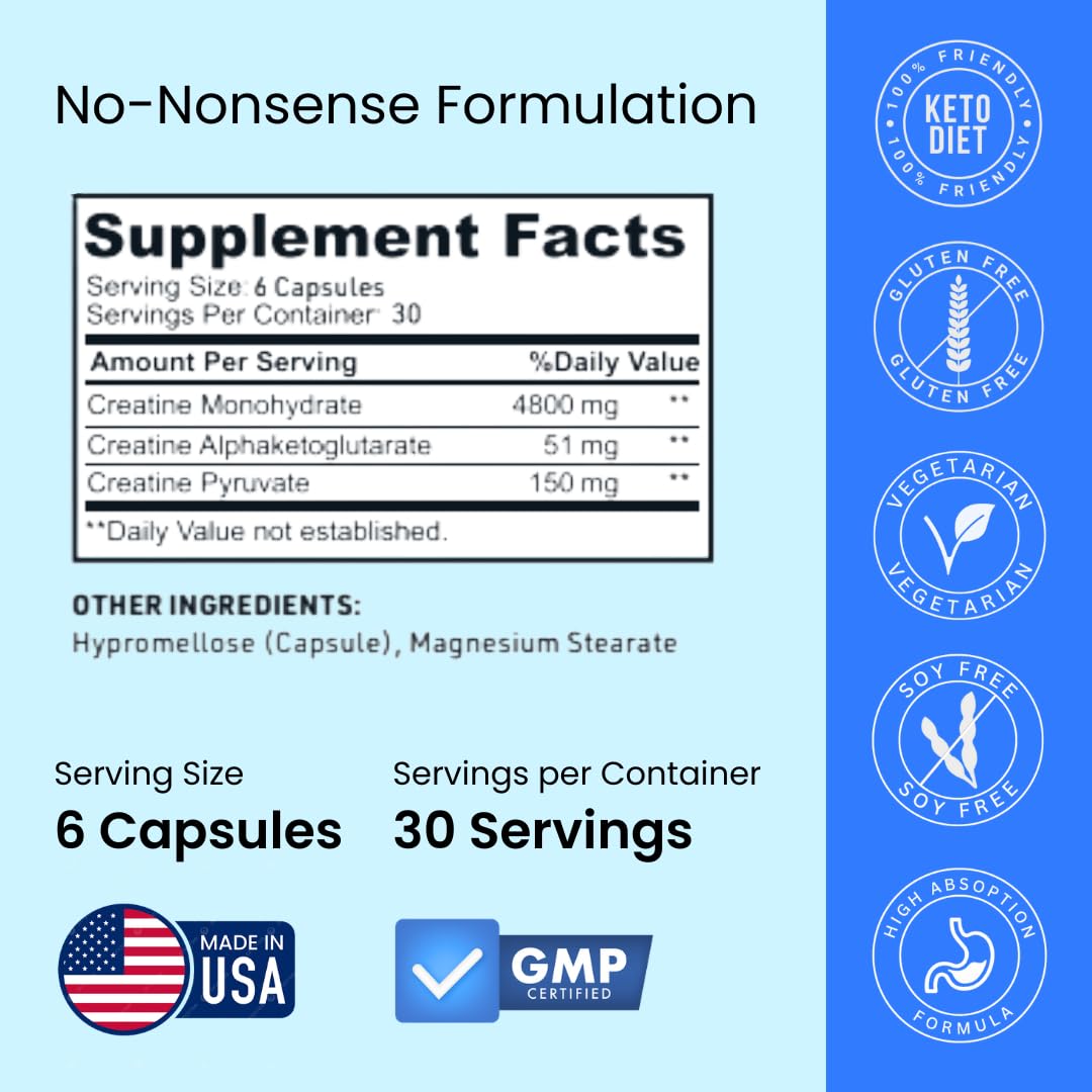 Creatine Monohydrate Capsules, Triple Formula Pre-Workout Supplement, 180Ct — Amazon image 6