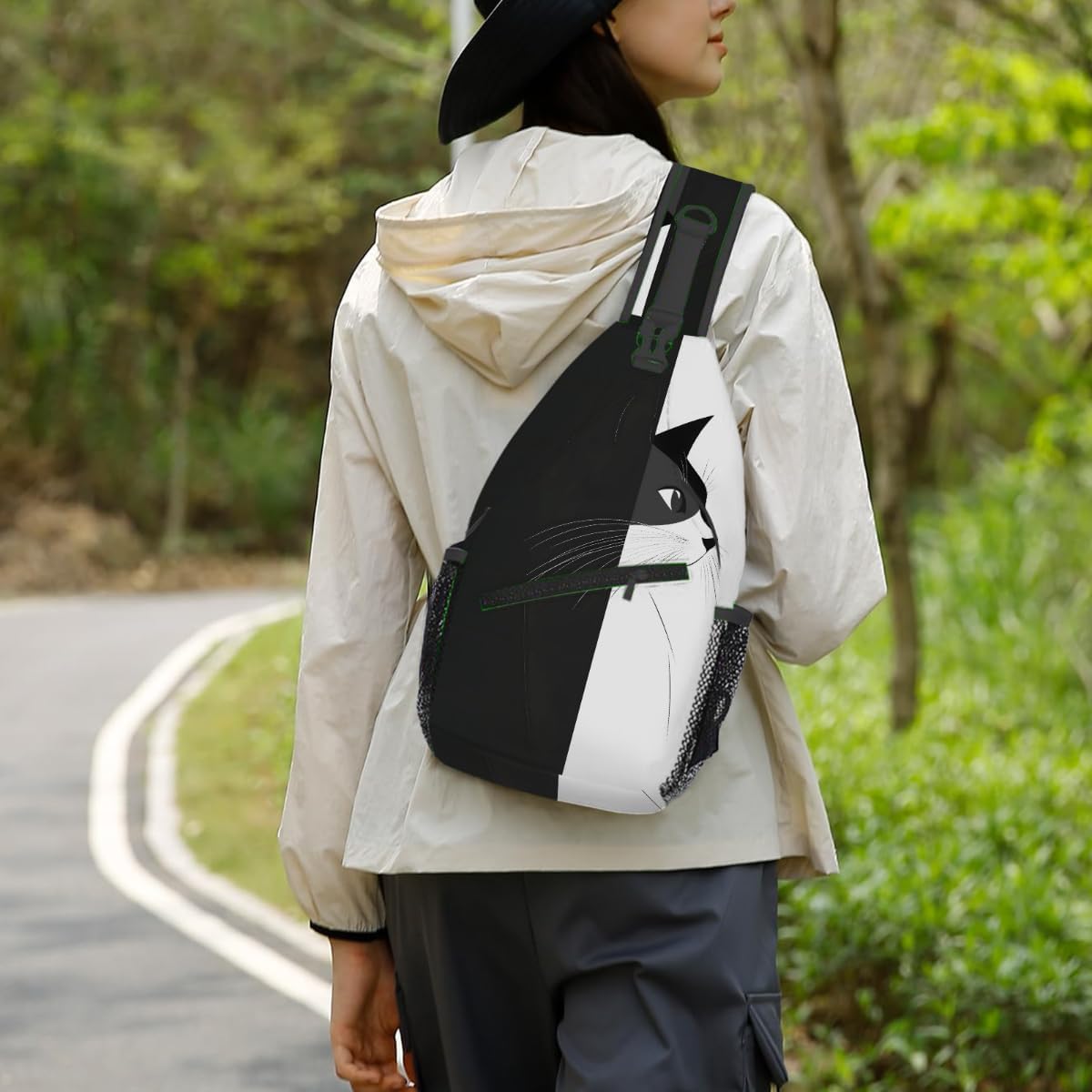 Small Black Dynamic Cool Cat Sling Bag for Women Men Lightweight Chest Bag Crossbody Daypack Anti Theft Shoulder Backpack with Adjustable Shoulder Strap for Outdoors Sports Hiking Travel