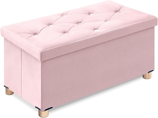 BRIAN & DANY Ottoman Storage Box with 4 Wood Legs, Velvet Foot Stool, Footstools for Living Room, Pink, 76 x 38 x 38 cm