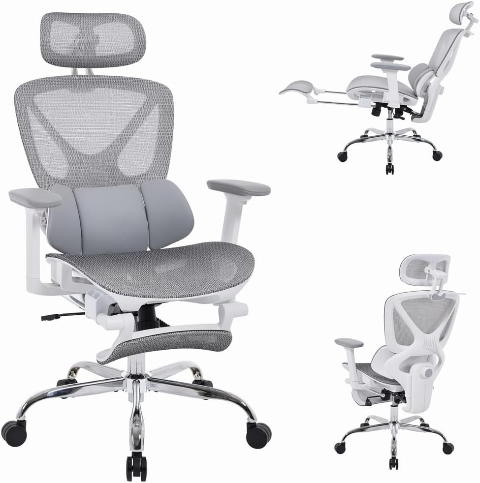 LuxErgo High Back Ergonomic Mesh Office Chair, Home Desk Chair with Adjustable Lumbar Support Foot Rest, 3D Headrest and Armrests, 350lbs Big and Tall High Back Reclining Gaming Chair, Gray