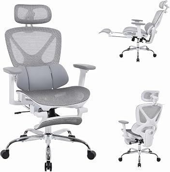 LuxErgo Big & Tall Ergonomic Mesh Office Chair 350lbs, High Back Reclining Gaming Desk Chair with 3D Headrest, Adjustable Armrests, Lumbar Support & Retractable Footrest, Gray