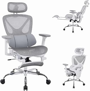 LuxErgo Big & Tall Ergonomic Mesh Office Chair 350lbs, High Back Reclining Gaming Desk Chair with 3D Headrest, Adjustable Armrests, Lumbar Support & Retractable Footrest, Gray