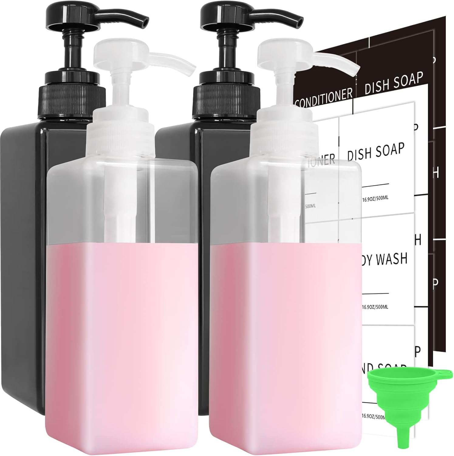 4 Pack Soap Dispenser with Waterproof Labels, 16 oz Dish
