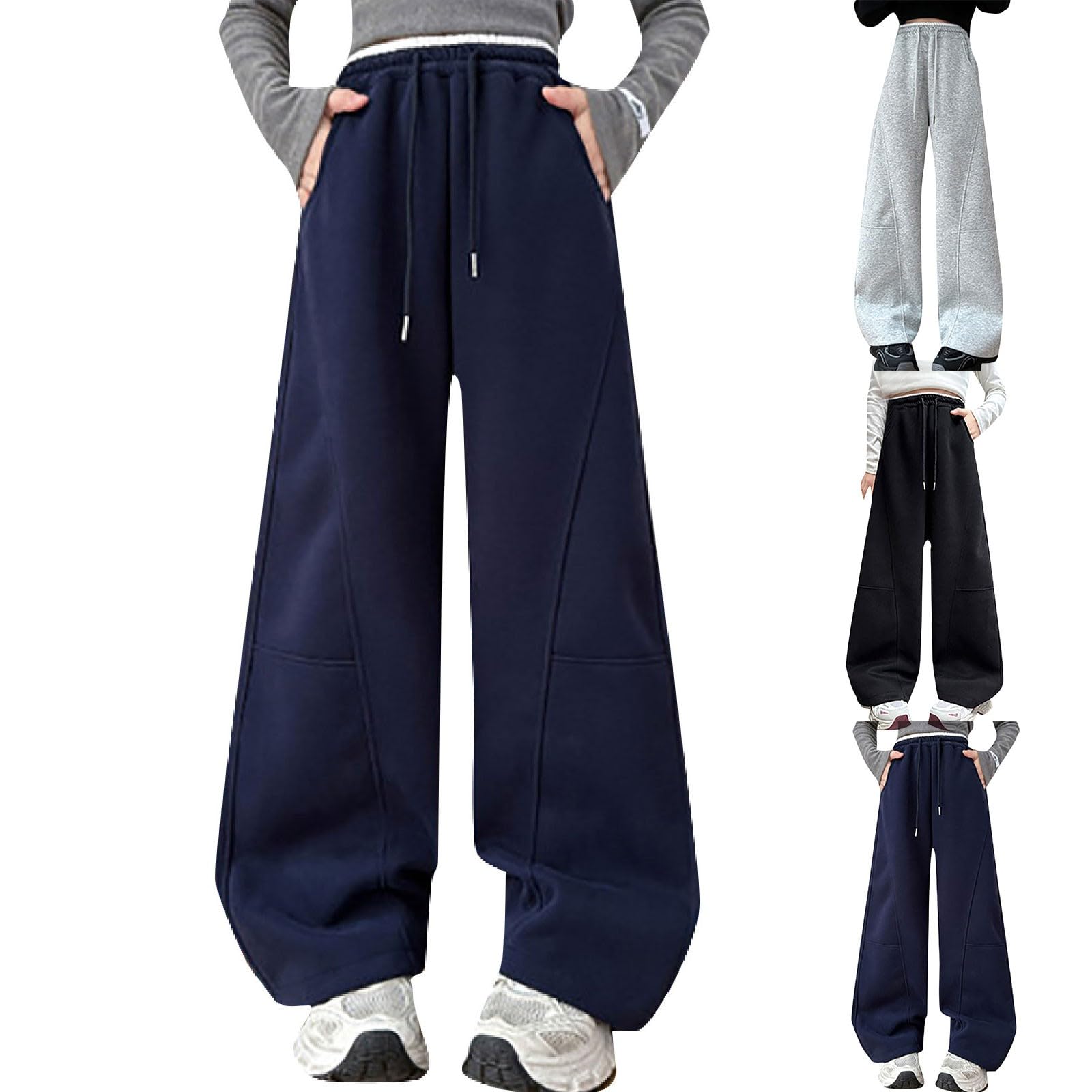 Baggy Gefüttert Sporthose Mädchen Zweifarbig Hohe Taille Sweatpants Girls Wide Leg High Waist Stretch Elastischer Bund Jogginghose Kids Streetwear Trainingshose Kinder