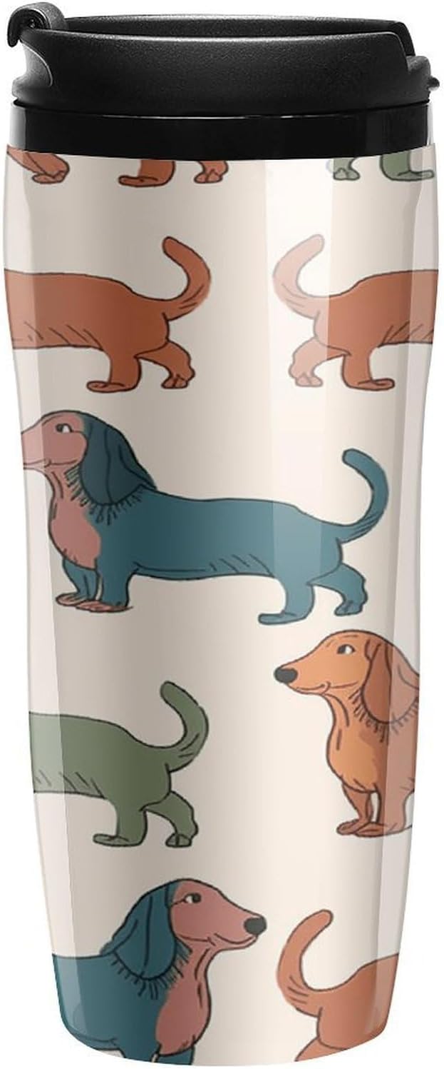 Cute Dachshound Dogs Coffee Cup Reusable Portable Water Bottle with Double-Walled Plastic,Coffee Mug for Hot & Cold Drinks, Cup Holder Friendly 350ml