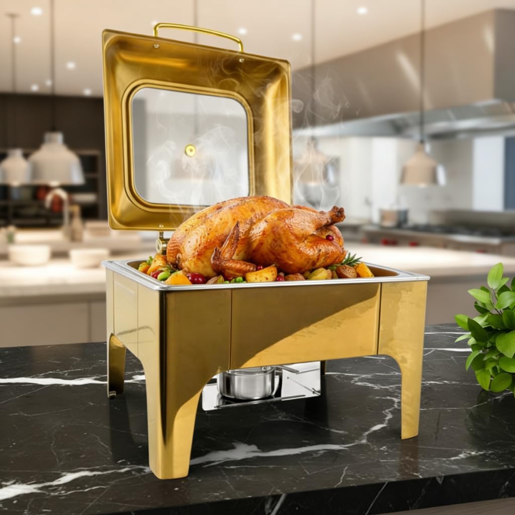 Gold Chafing Dishes for Buffet, 6.5L Stainless Steel Chafing Dish Buffet Set with Transparent Hydraulic Lid, Vent Hole, Buffet Warmer for Weddings and Events,2 Pack