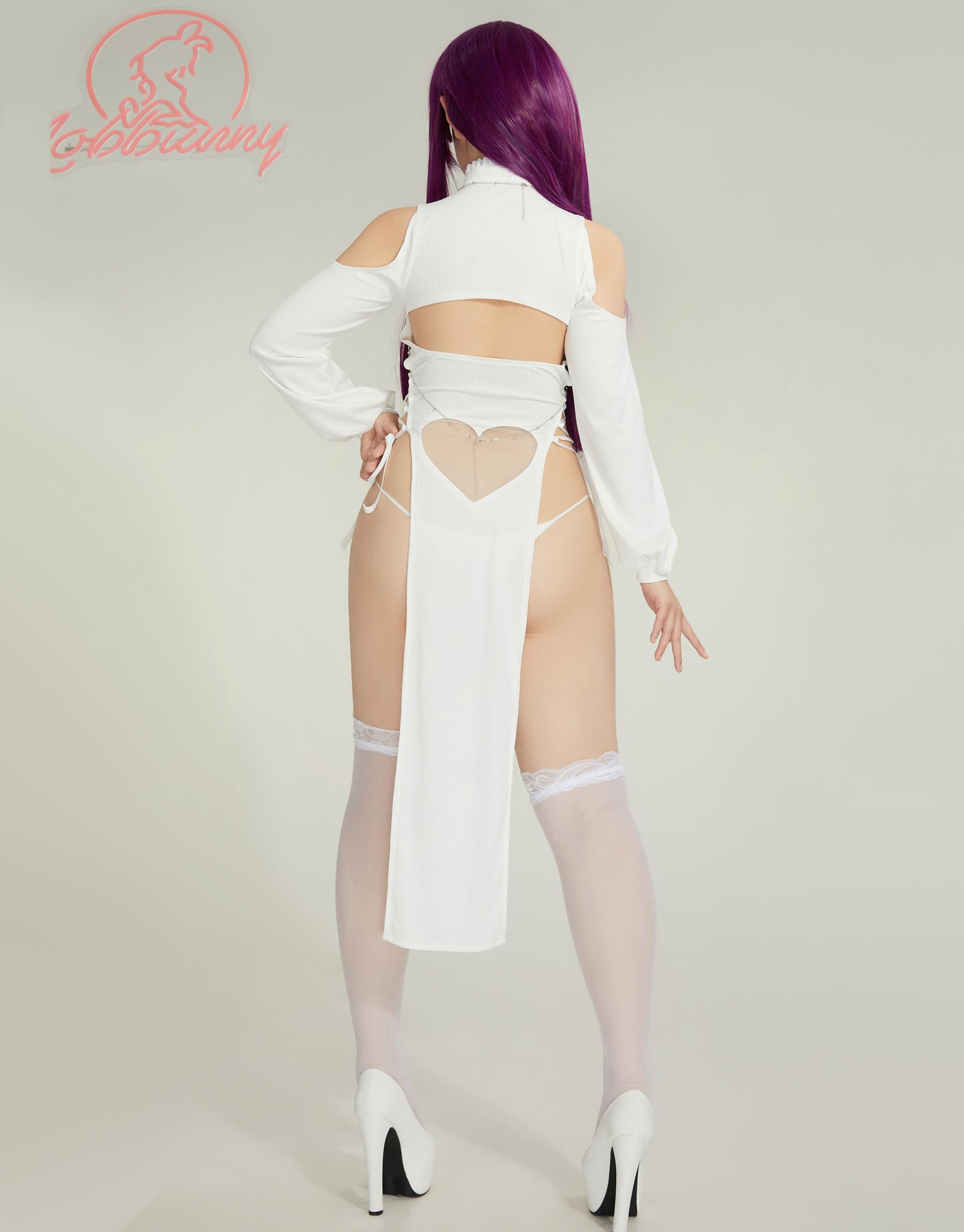 Mobbunny Women's Anime Cosplay Dress Cutout High Slit Dress and Thong with Stockings Chest Chain