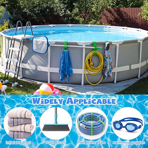 Chumia 2 Pack Adjustable Pool Pole Hanger with 3 Hooks, Pool Fence Hooks Clip-on Poolside Organizer for Above Ground Wall Pools, Fits Skimmer, Net, Brush, Vacuum Pole, Hose and Towels(Green) by Chumia - Used condition - Image 2
